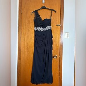 Navy Shoulder Dress with Silver Embellishment and Accessories